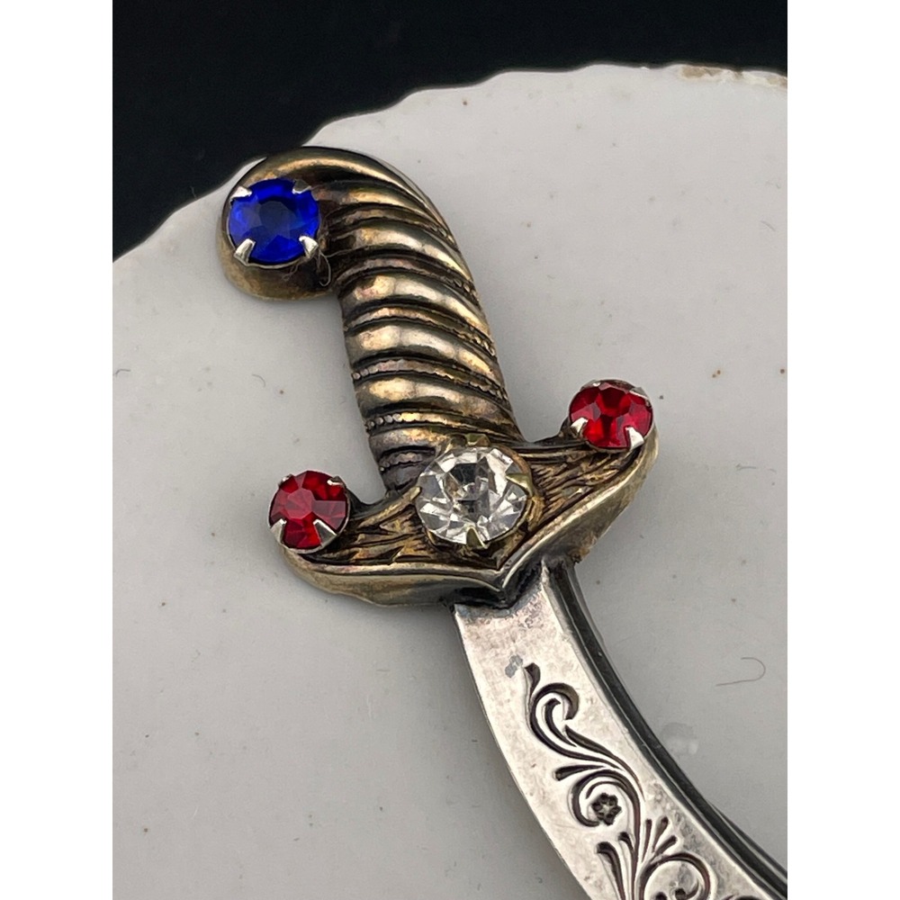 Vintage Sterling Silver Sword Brooch Curved Dagger Scimitar Rhinestone Hilt Pin - Picture 3 of 11